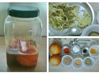 Spiced muskmelon pickle in a jar with ingredients and preparation process shown.