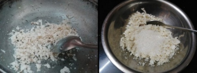 Preparing steamed plantains with coconut filling in a bowl for Kerala breakfast.