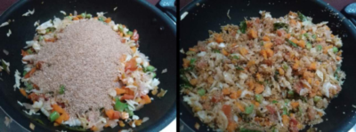 South Indian savory porridge with vegetables and spices in a pan.
