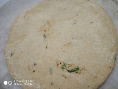 Soft, uncooked multi-grain flatbread with visible spices and herbs. Perfect for homemade Indian cuisine.