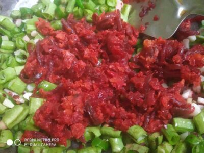 Spicy tomato and onion chutney with fresh chopped green onions, vibrant and flavorful.