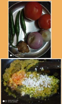Fresh tomatoes, green chilies, onion, and ginger on a stainless steel plate.