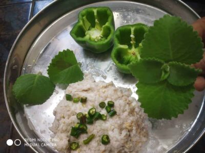 Fresh green bell peppers and curry leaves in a stainless steel plate for cooking ingredients.